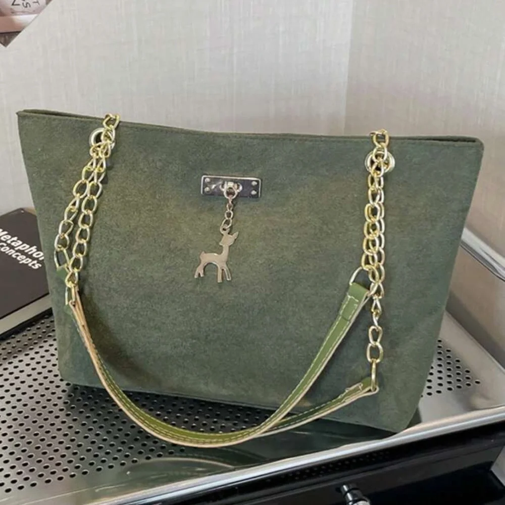 ⚠️Clearance Chain Shoulder Elegant Green Suede Tote Bag with Gold Chain - Picture 2 of 9